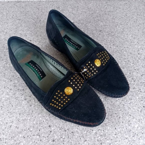 Lorenzo Banfi Suede Black Gold Stud Dress Loafers 9.5 Slip On Italian Shoes main image 5